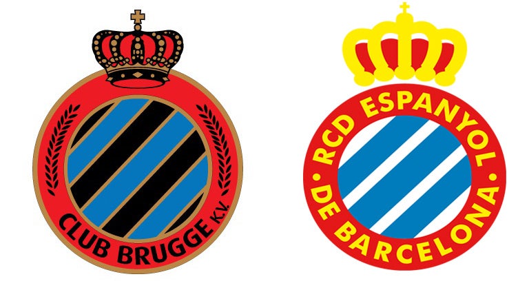 Brujas y Espanyol tienen escudos similares (aunque ahora los belgas cambiaron el rojo por blanco)