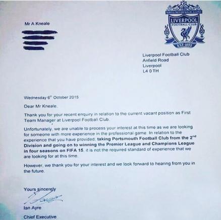 La carta que recibió Adam Kneale por parte del Liverpool