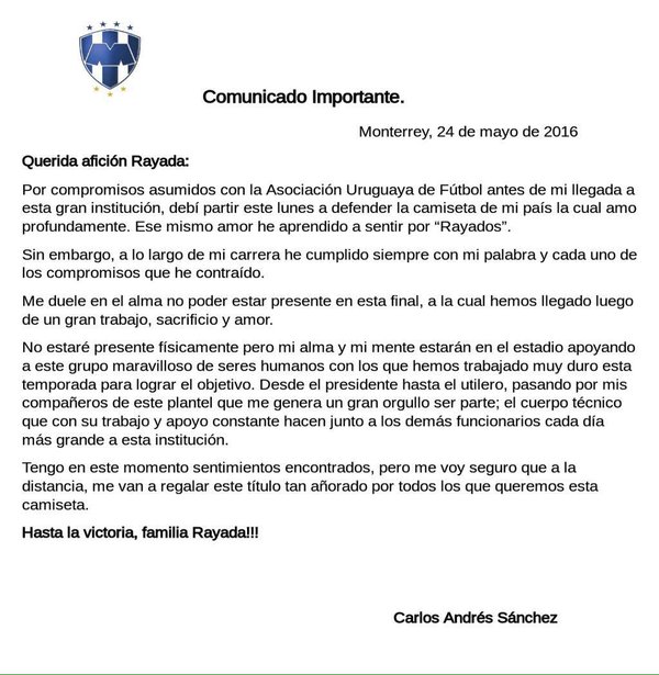 Comunicado de Carlos Sánchez anuncia ausencia en Final del C2016