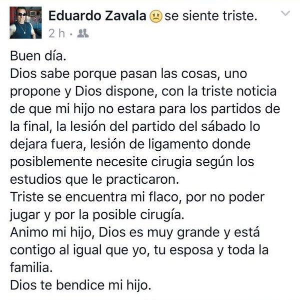 Zavala necesitará cirugía tras lesión 