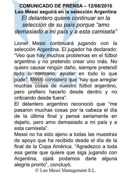 Comunicado de Messi donde anuncia su regreso a la selección argentina