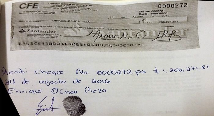 El cheque que recibió el ahora presidente del PRI