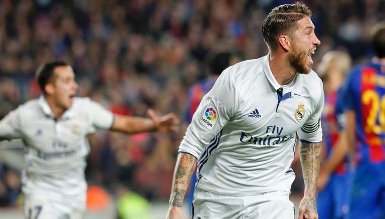 Sergio Ramos celebra el tanto del empate en el último Clásico Español