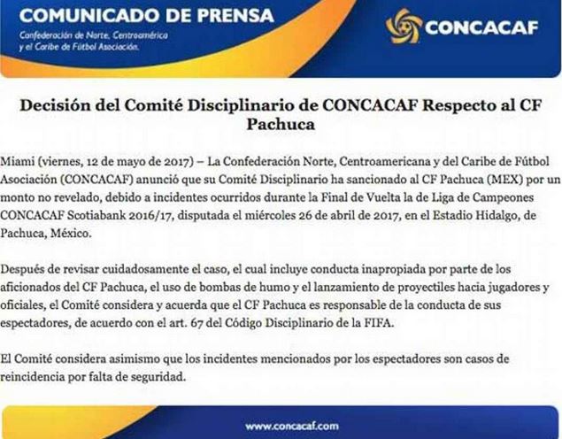 Comunicado de la Concacaf sobre la multa a Pachuca