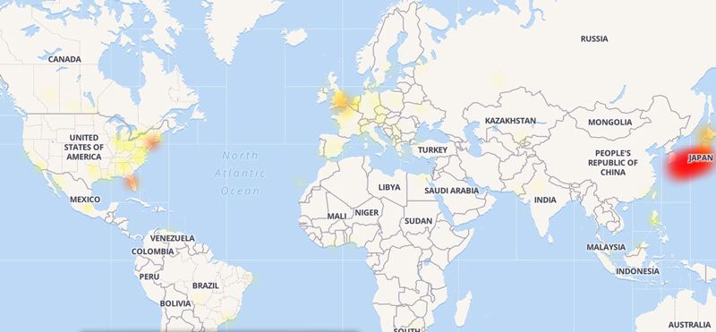 Mapa con los países más afectados sobre la caída de Twitter