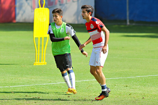 Los jugadores juveniles de Chivas entrenando con el primer equipo
