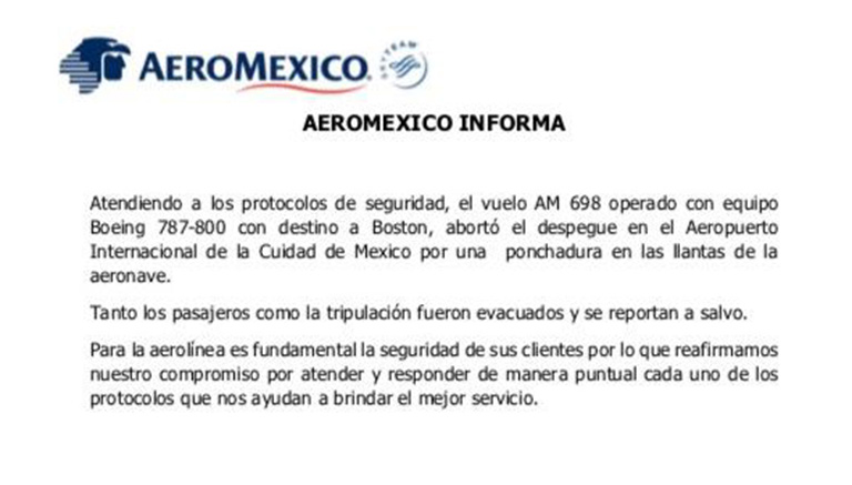 Comunicado de AeroMéxico tras incidente de avión