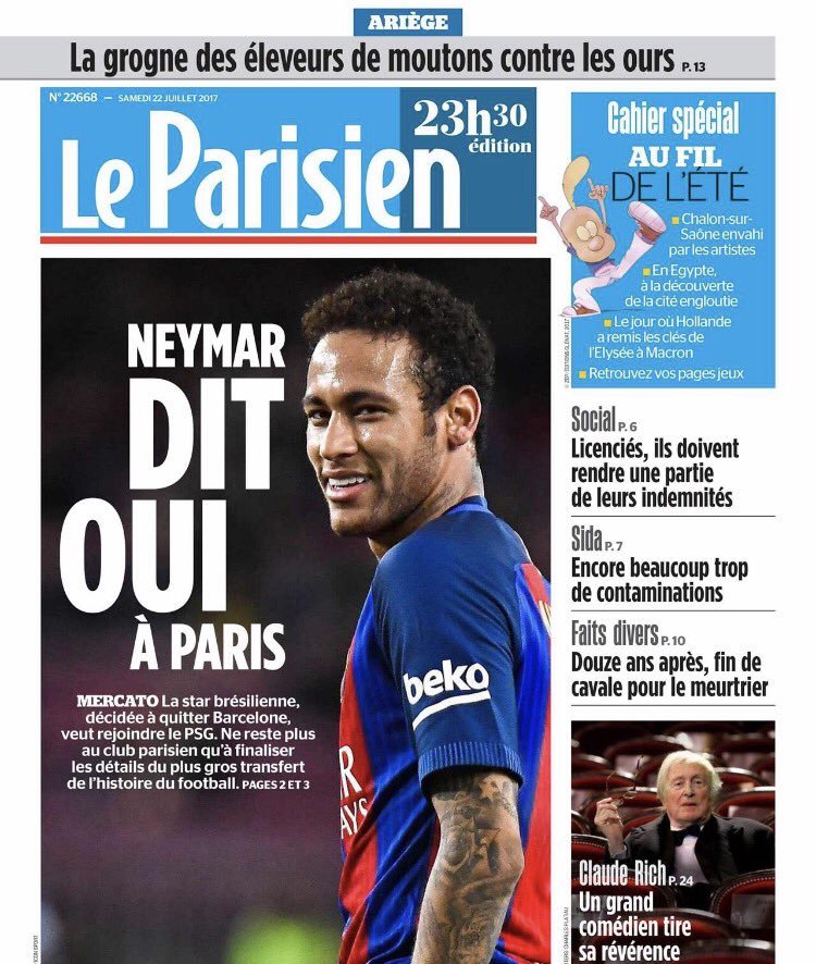 La portada de Le Parisien donde aseguran que Neymar ya le dijo que sí al Barcelona