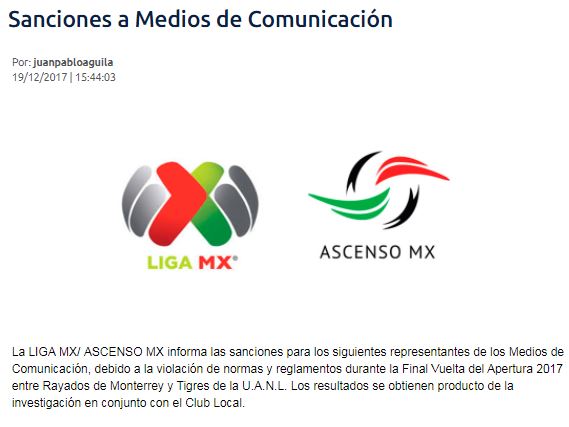 Comunicado de la Liga MX sobre las sanciones a periodistas