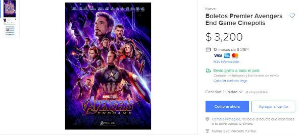 Boletos para Avengers: Endgame ofrecidas en Mercado Libre