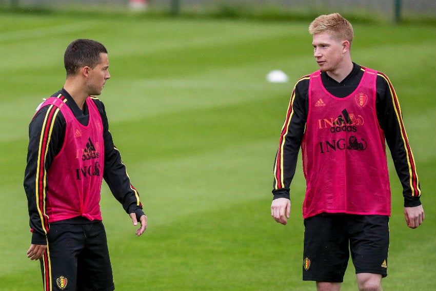 Hazard y De Bruyne durante un entrenamiento de la selección de Bélgica 