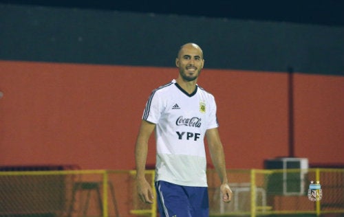 Pizarro durante un entrenamiento con la Albiceleste 