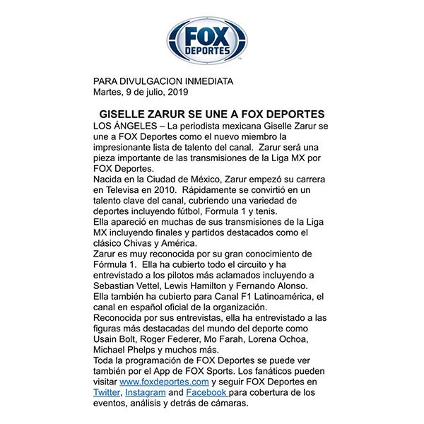 El comunicado con el que Fox Deportes anunciÃ³ la contrataciÃ³n de Zarur