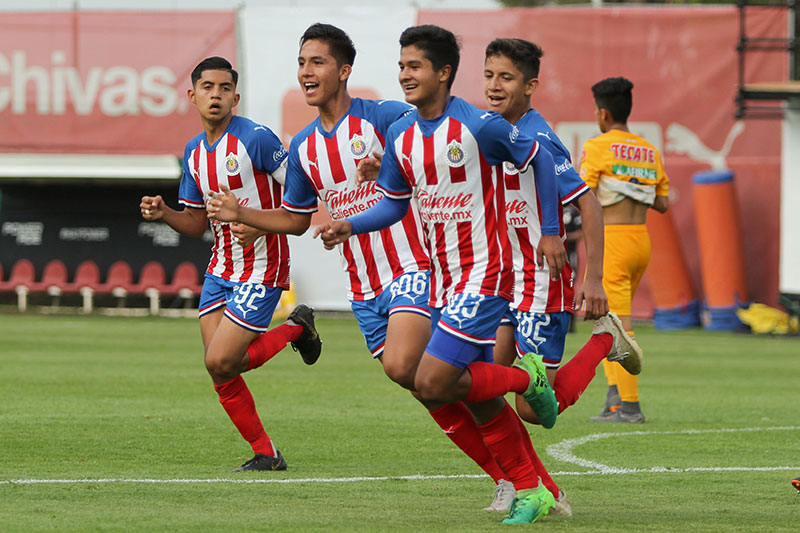 Jugadores de Chivas Sub 15 celebran un gol