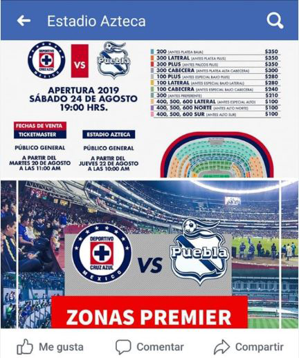 Precios del anterior partido, Cruz Azul vs Puebla