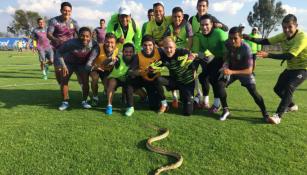 Los futbolistas del León se divierten junto a la serpiente