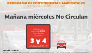 No circulan los vehículos con engomado rojo y terminación de placas 3 y 4