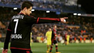 Chicharito festeja un gol con el Bayer Leverkusen