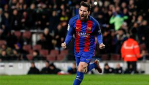 Lionel Messi festeja tras anotar en la Copa del Rey