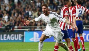 Ramos festeja su gol contra el Atleti en Champions al minuto 93