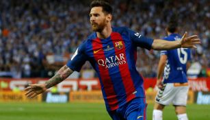 Messi celebra una anotación con el Barcelona en 2017