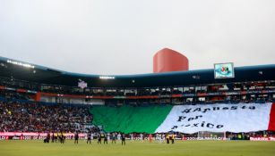 La afición de Pachuca con una bandera de México en un juego de los Tuzos