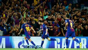 Lionel Messi festeja un gol en Champions