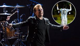 Bono, durante un concierto y Messi celebra un gol con Argentina