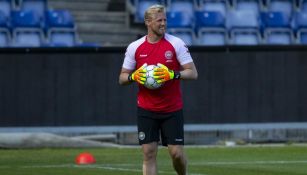 El portero Kasper Schmeichel, en el entranamiento de Dinamarca