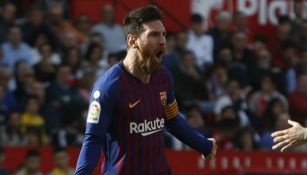 Messi festeja una anotación con Barcelona en la Copa del Rey
