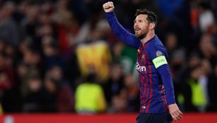 Messi festeja uno de sus goles contra Lyon 