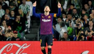 Messi festeja una anotación con el Barcelona en La Liga 
