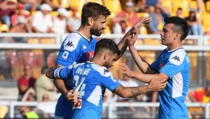 Llorente, Lozano e Insigne celebran uno de los goles contra Lecce
