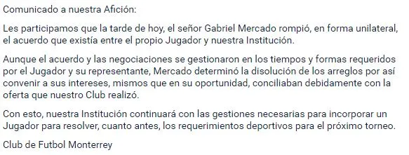 @RAYADOS Comunicado de Monterrey sobre el caso de Mercado