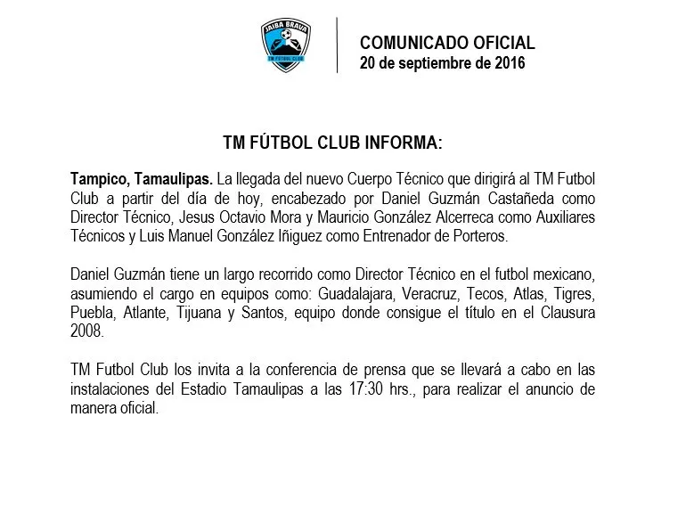@TMFCOficial Tamaulipas anuncia a Daniel Guzmán como nuevo DT