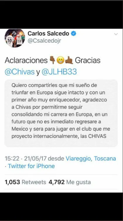 TWITTER @CSALCEDOJR Estas fueron las palabras de Salcedo en 2017