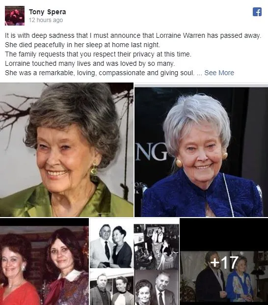 FACEBOOK @Tony_Spera Tony Spera comparte pensamientos sobre Lorraine Warren