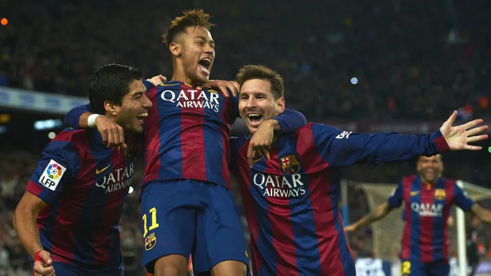 AP Suárez, Neymar y Messi, en festejo con el Barcelona