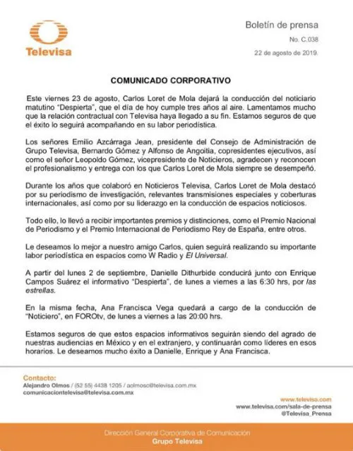 TWITTER @TELEVISA_PRENSA El comunicado de prensa de Televisa
