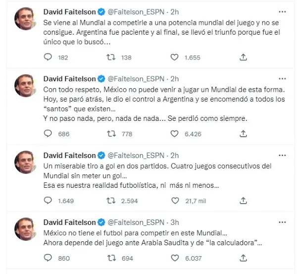 TWITTER @Faitelson_ESPN Faitelson estalla contra el Tri tras perder contra Argentina en Qatar 2022