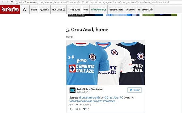 Parte de la publicación de FourFourTwo sobre las peores camisetas