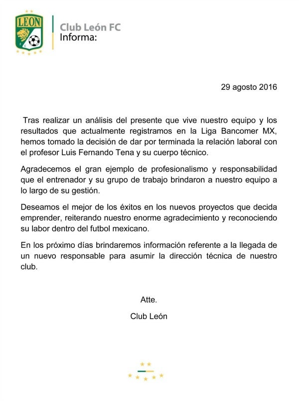 Así luce el comunicado de León sobre el DT Luis Fernando 