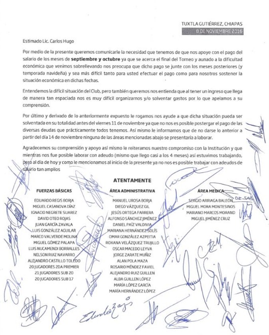 Carta del plantel de Jaguares a Carlos López Chargoy
