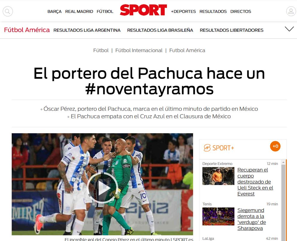 El portero del Pachuca hace un #noventayramos, puso Sport en su portal