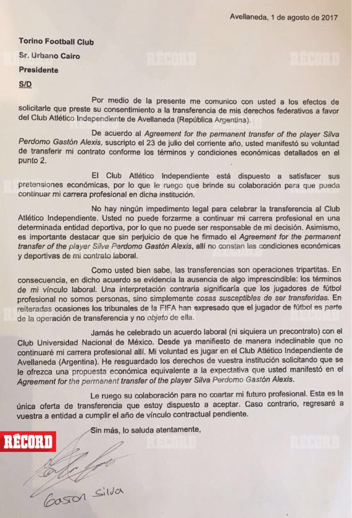 Documento de Silva dirigido a Torino