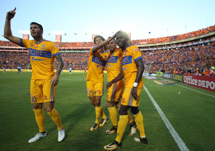Jugadores de Tigres festejan el gol de Enner Valencia