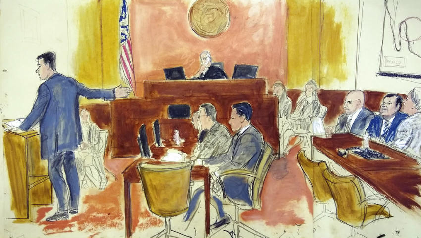Representación de lo sucedió en el juicio del Chapo Guzmán en Nueva York 