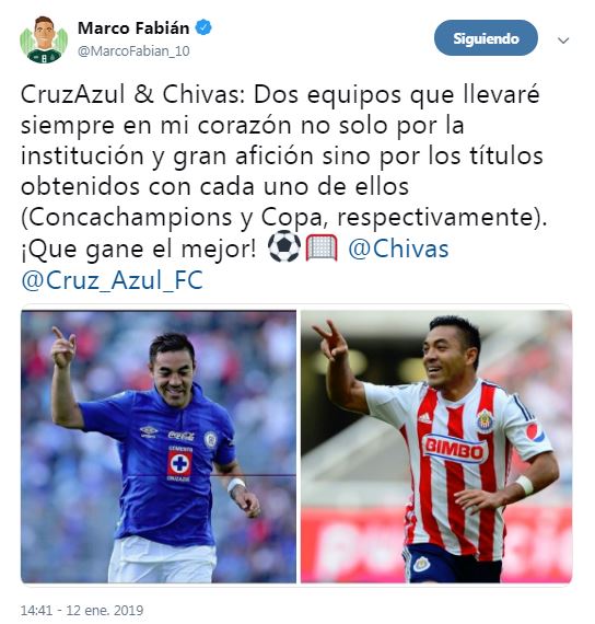 Tuit de Marco Fabián para Cruz Azul y Chivas 