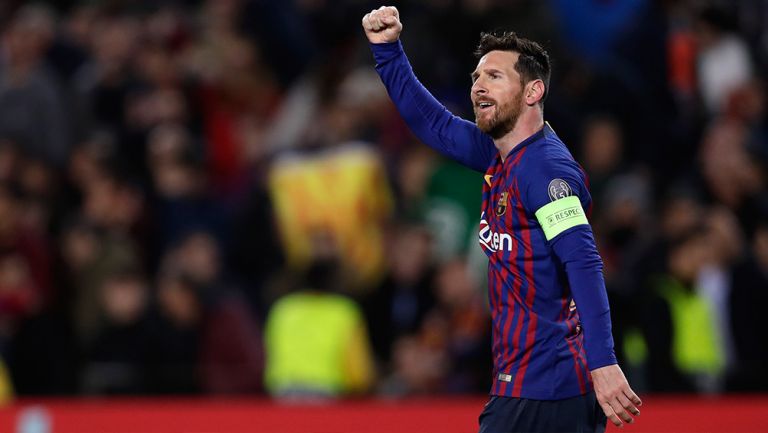 Messi festeja uno de sus goles contra Lyon
