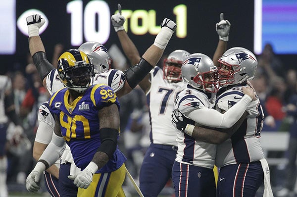 Jugadores de los Patriots celebran en el Super Bowl LIII